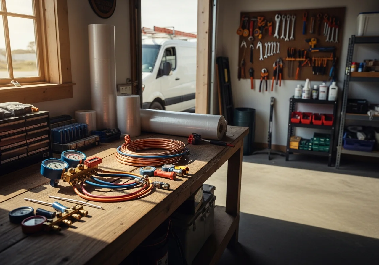 HVAC technician tools and equipment on a work bench, ready for installation and repair service.