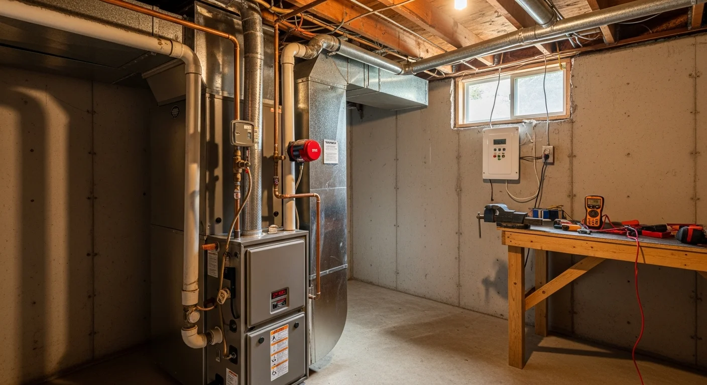 Heating system maintenance being performed in a residential home