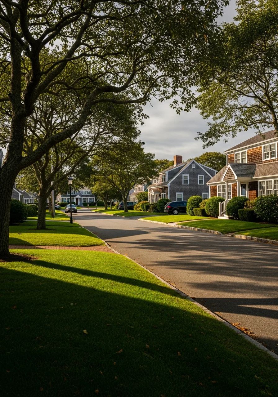 Close-up of a Cape Cod residential street with traditional homes, manicured lawns, and seasonal visitor parking patterns typical of the region.