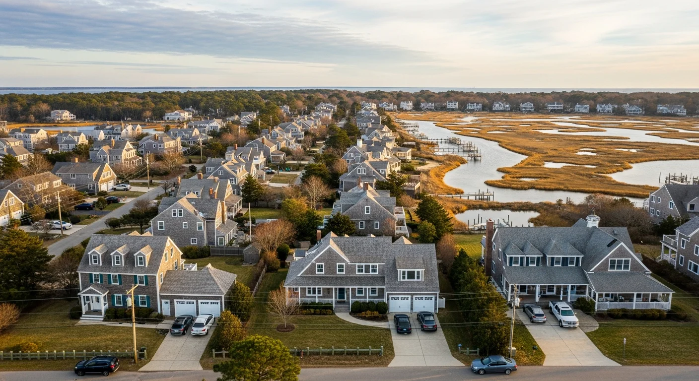Aerial view of Cape Cod peninsula showing coastal neighborhoods, tree-lined streets, and waterfront properties stretching from Falmouth to Provincetown.