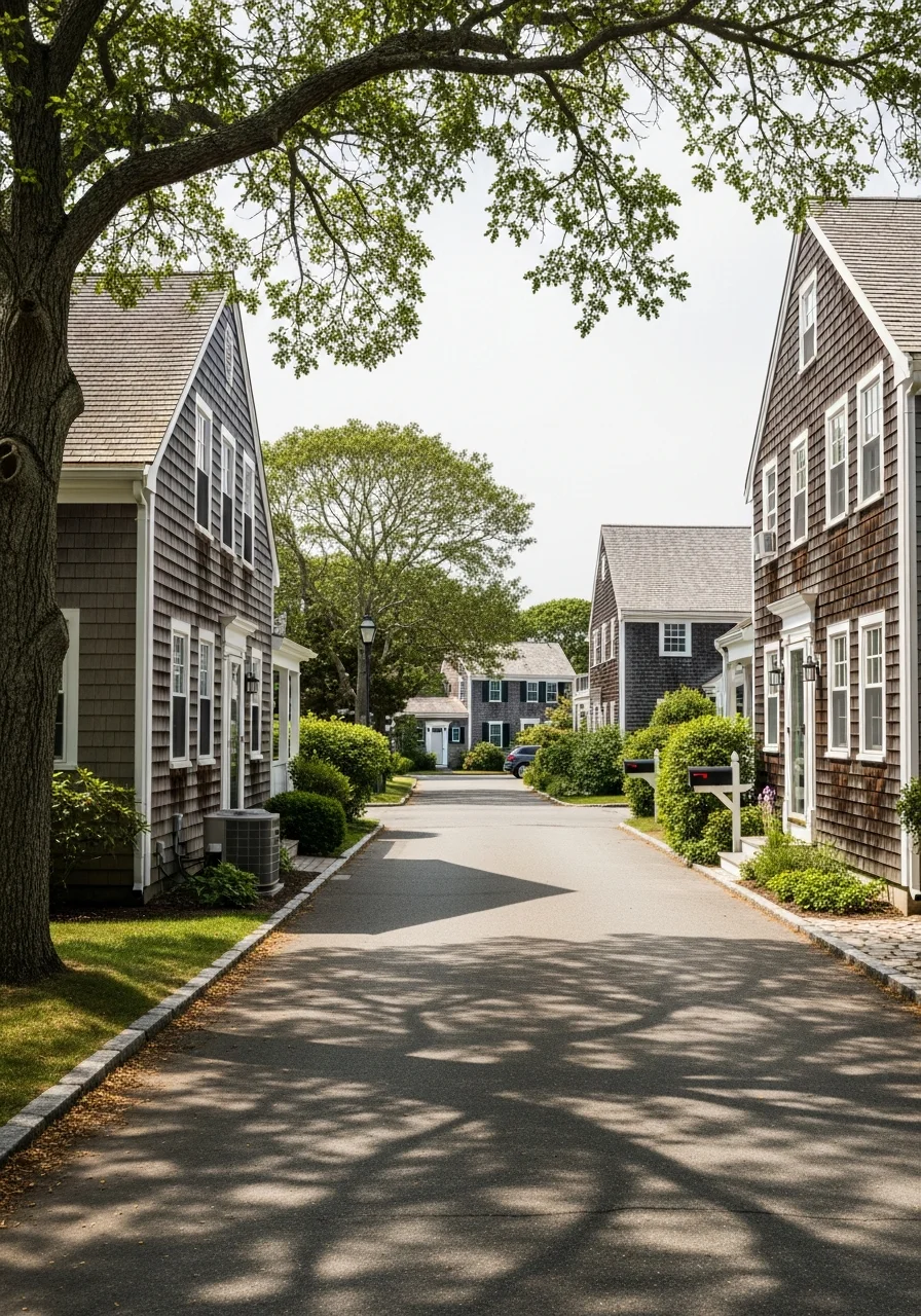 Chatham residential street lined with traditional New England homes and mature trees typical of the town's established neighborhoods.