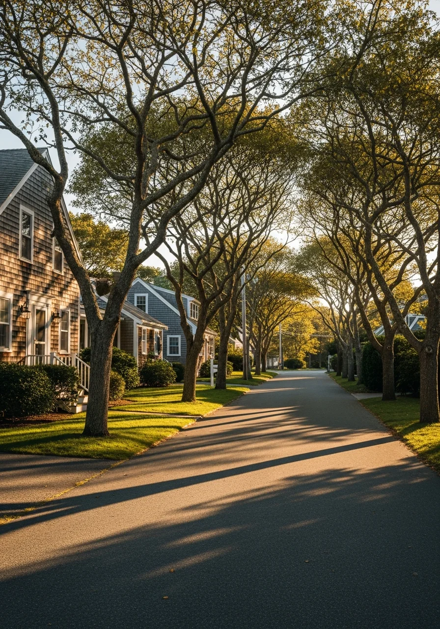 Quiet residential street in Cotuit with historic homes and mature trees