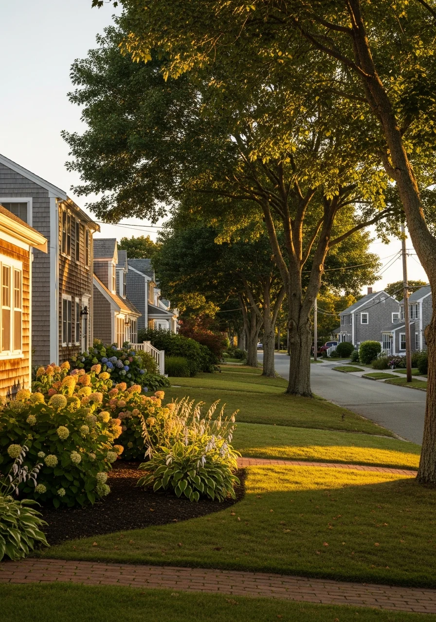 Falmouth residential street with traditional homes, mature trees, and neighborhood character typical of the town's established areas.