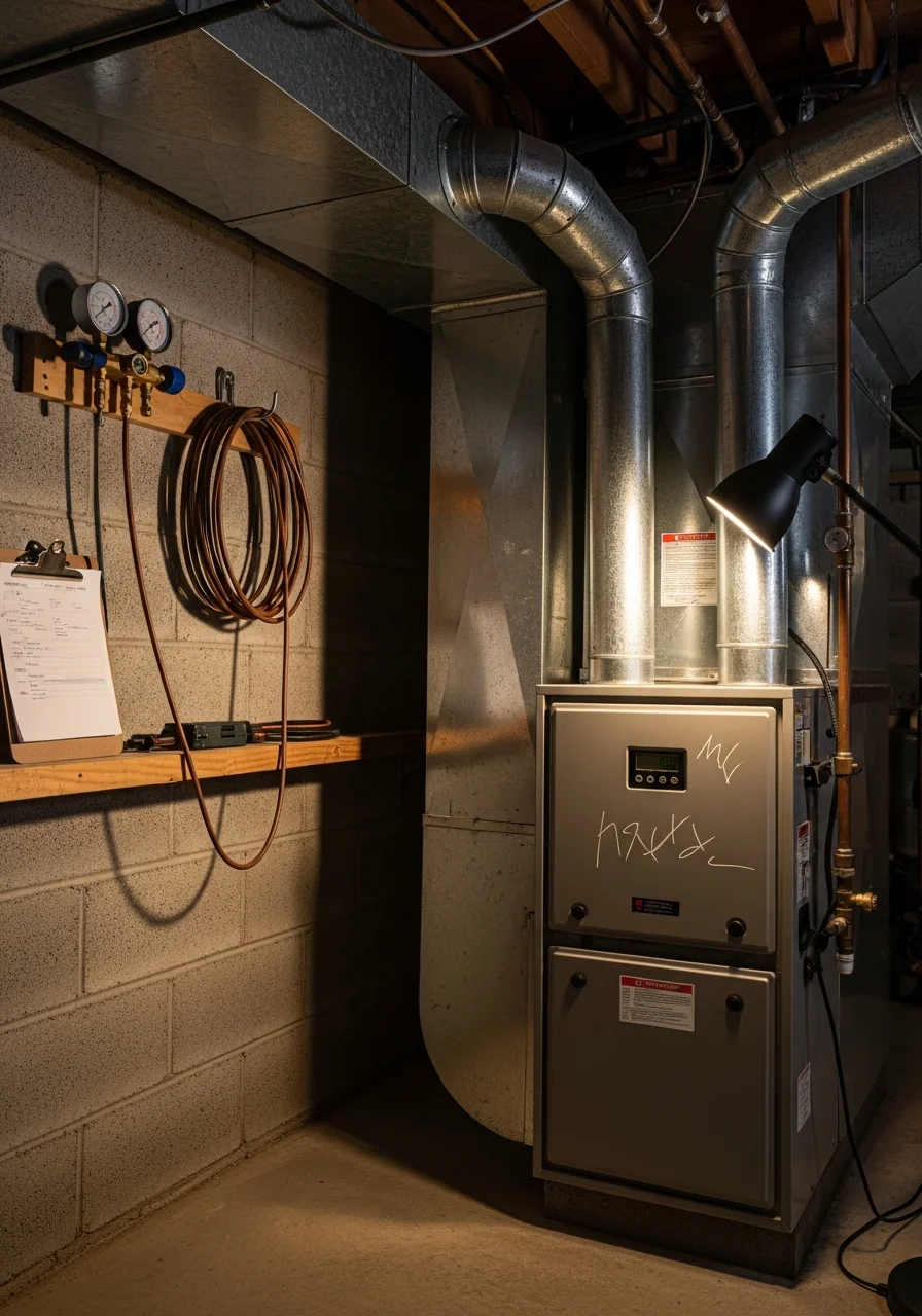 Modern HVAC technician performing maintenance on heating system in Marstons Mills home