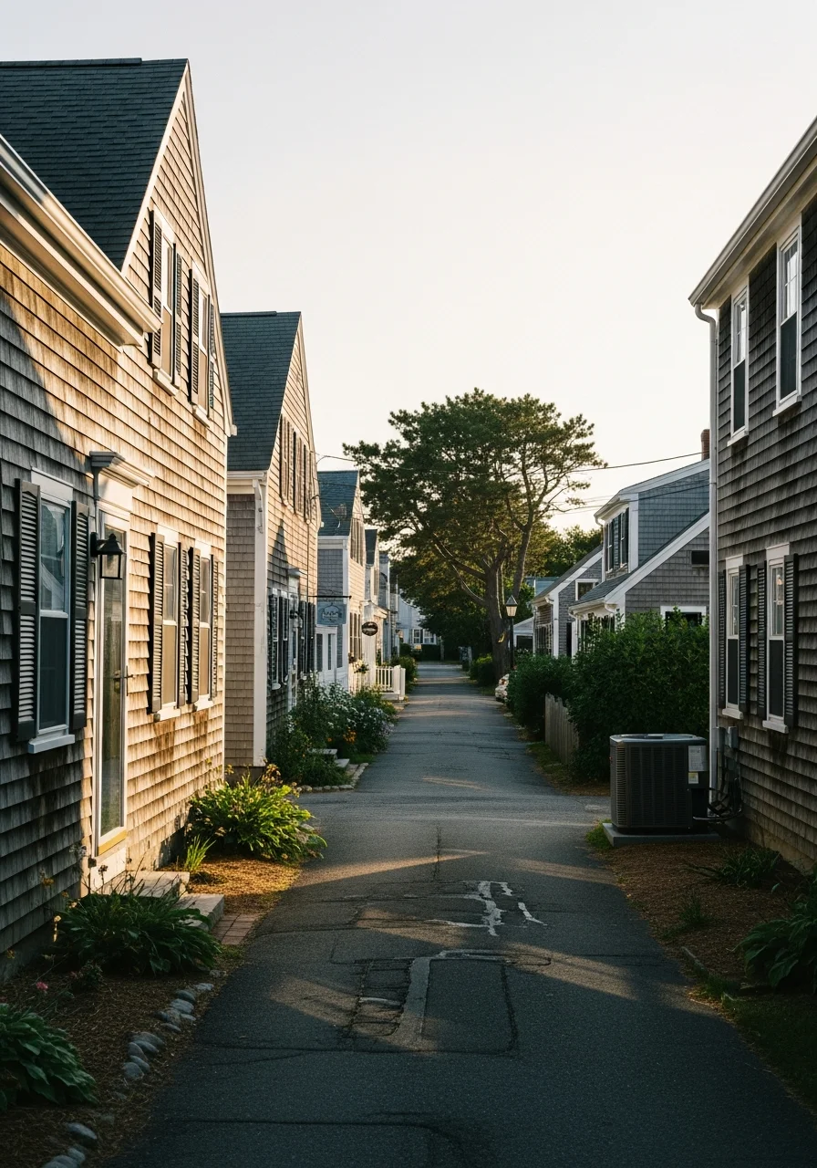 Provincetown residential neighborhood with historic homes, mature landscaping, and seasonal visitor patterns typical of the town's character.
