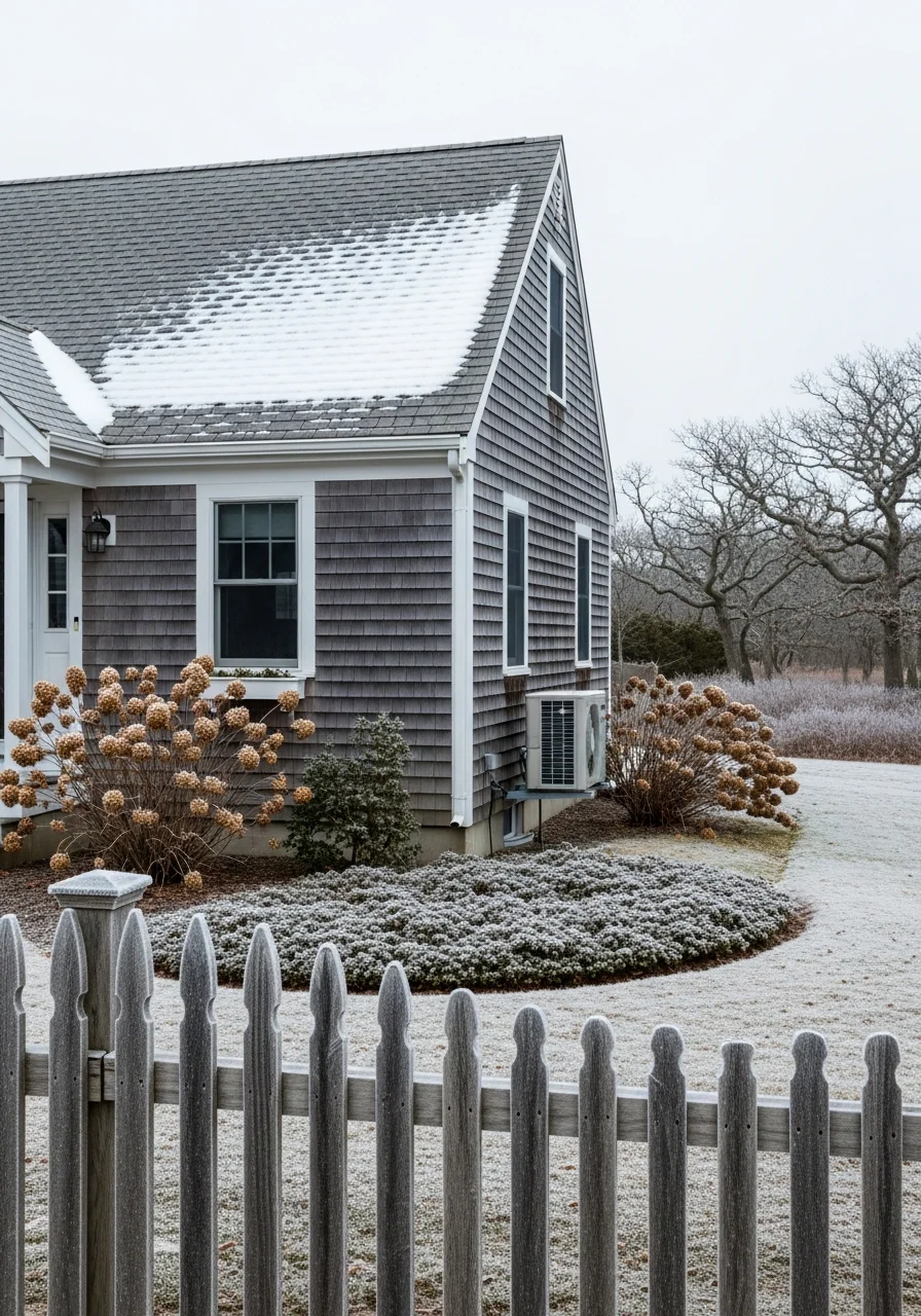 Residential home in Truro, Massachusetts with winter snow and coastal architecture
