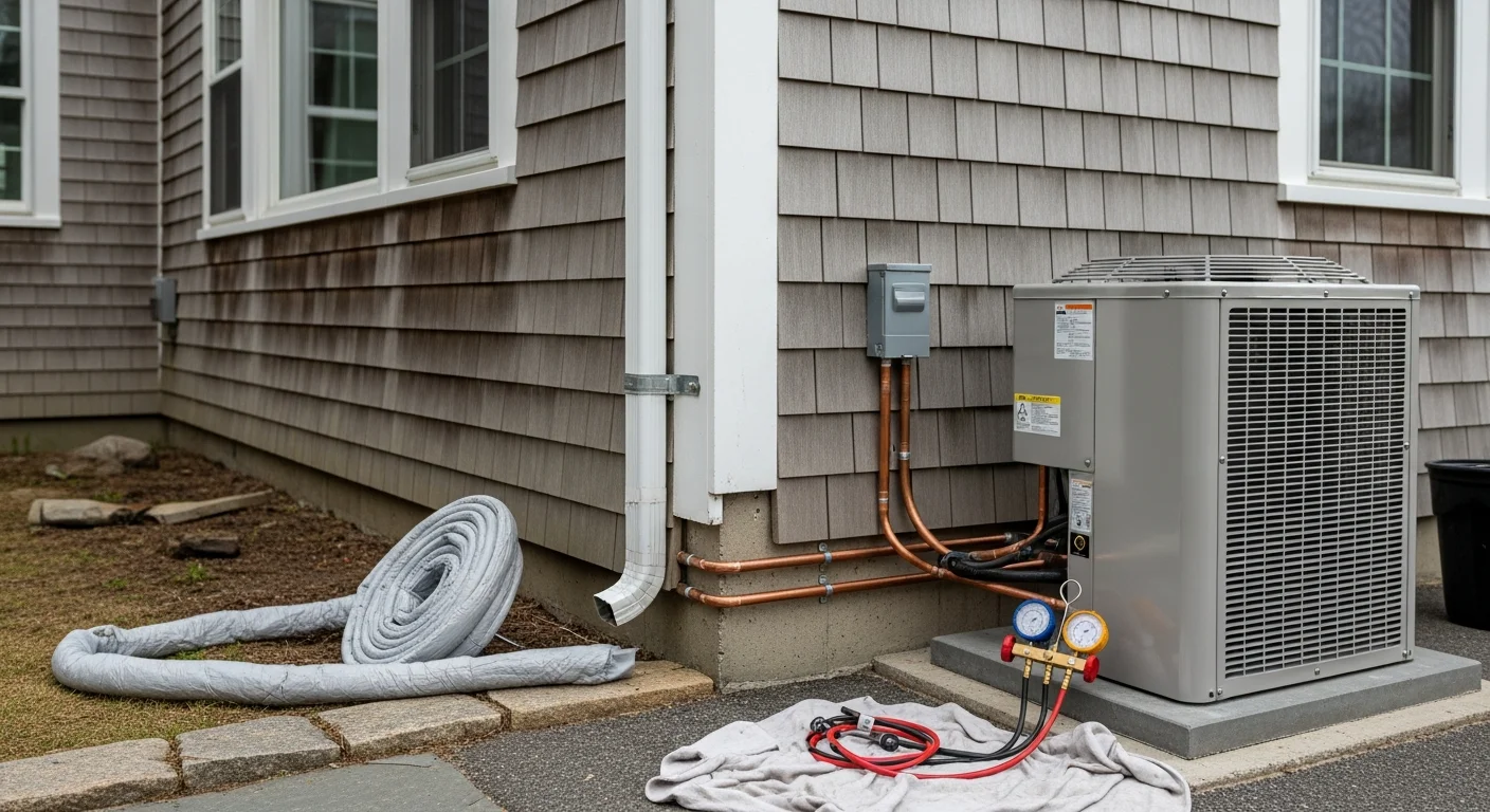 A newly installed outdoor AC condenser unit mounted beside a Cape Cod-style home with weathered wood siding. A technician in work gear checks the unit connections on a clear summer day.