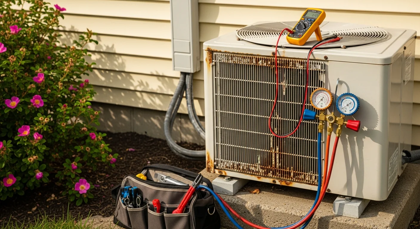A&L technician inspecting and cleaning the outdoor condenser unit of a residential air conditioning system at a Cape Cod home. The coastal setting is visible in the background, with the technician checking coil condition during a routine maintenance visit.