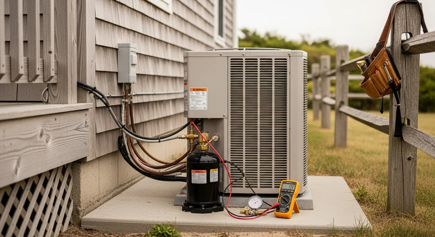 A&L technician inspecting an outdoor air conditioning unit at a Cape Cod home on a sunny summer day. The unit shows signs of coastal wear, with the technician checking the condenser coils during a repair visit.