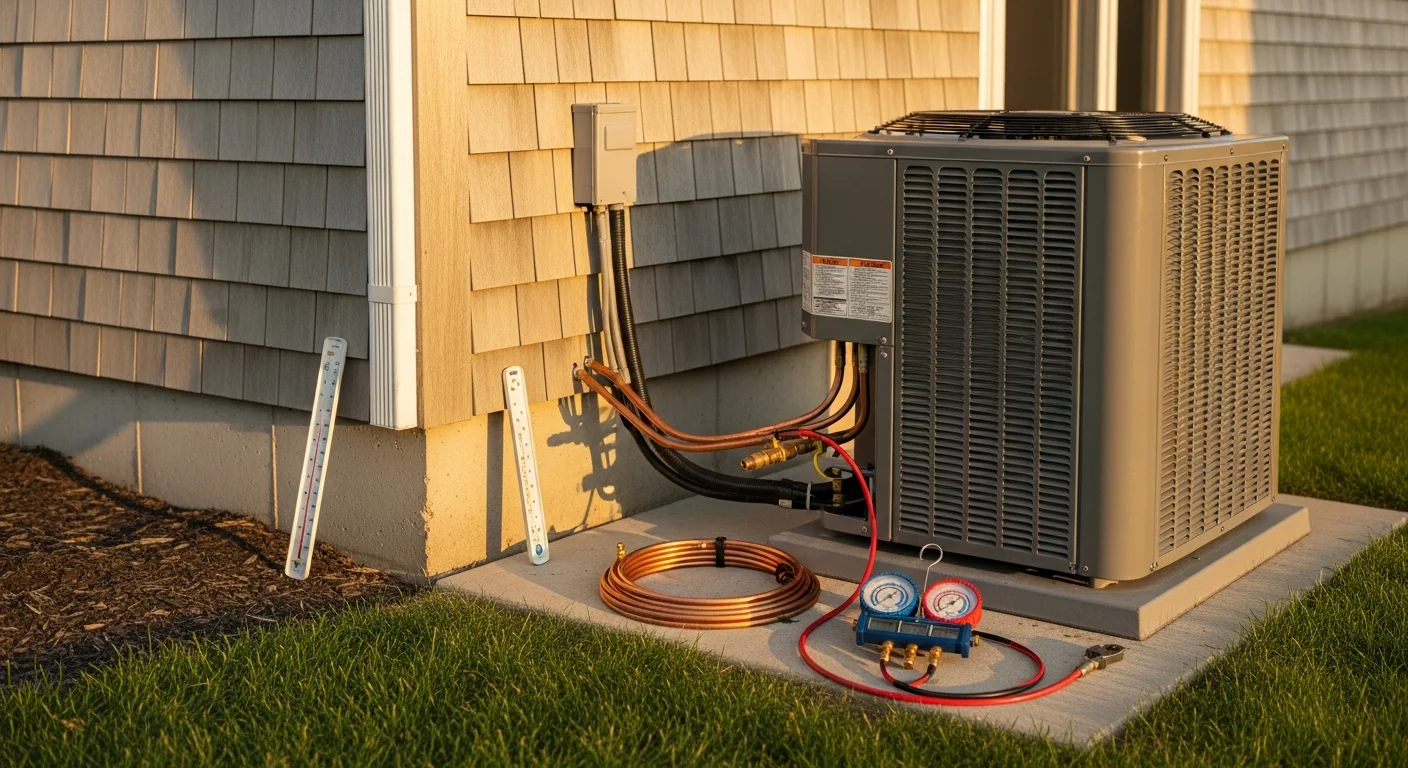 A newly installed outdoor AC condenser unit beside a Cape Cod-style home, positioned on a concrete pad with clean refrigerant line connections. The coastal setting shows a weathered shingle exterior typical of homes across Cape Cod, Massachusetts.