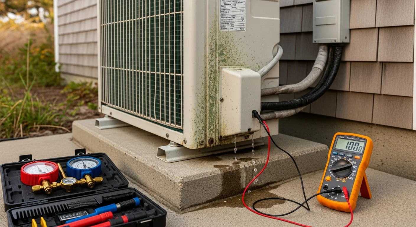 An A&L technician inspecting the outdoor condenser unit of a residential air conditioning system at a Cape Cod home. The technician checks coil and electrical components for signs of corrosion from coastal salt air.