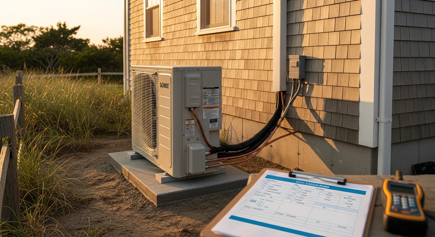 A newly installed central air conditioning outdoor condenser unit mounted on a pad beside a Cape Cod-style home with cedar shake siding. A technician from A&L checks the refrigerant connections on a clear summer day.