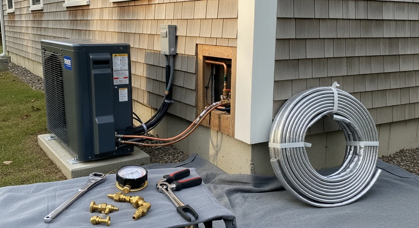 A wall-mounted ductless air conditioning indoor unit installed in a Cape Cod home with wood-paneled walls and a sloped ceiling. An A&L technician checks the outdoor condenser unit mounted on the exterior of the home.