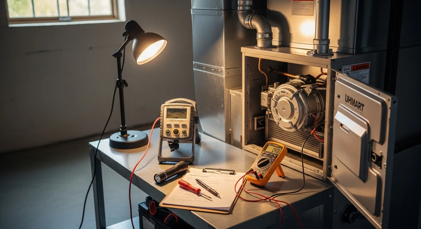 A heating contractor inspecting the interior components of a residential furnace inside a Cape Cod home. The technician checks the heat exchanger and blower motor during a furnace repair service call.