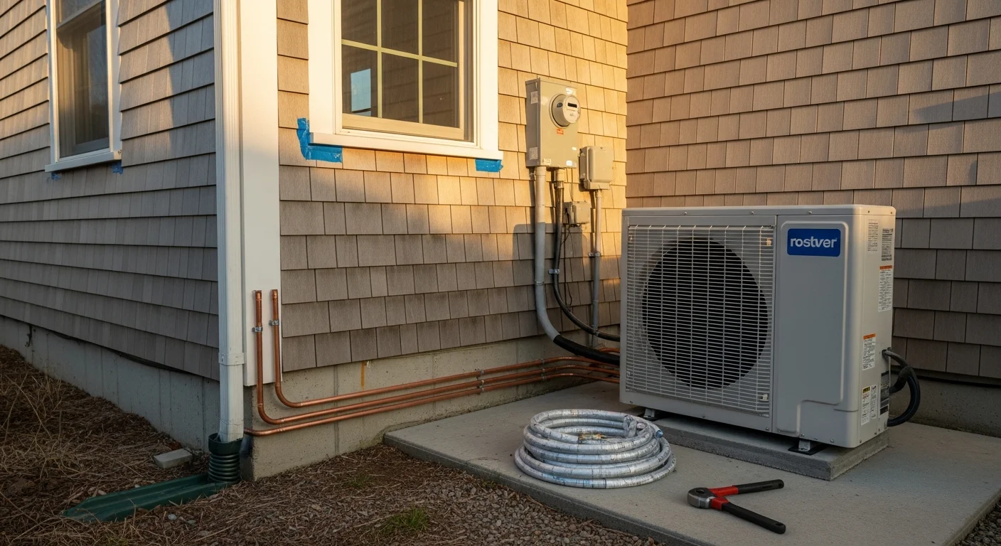 A newly installed ductless heat pump indoor unit mounted on the wall of a Cape Cod home interior, with the outdoor compressor unit positioned on a side wall away from direct ocean exposure.