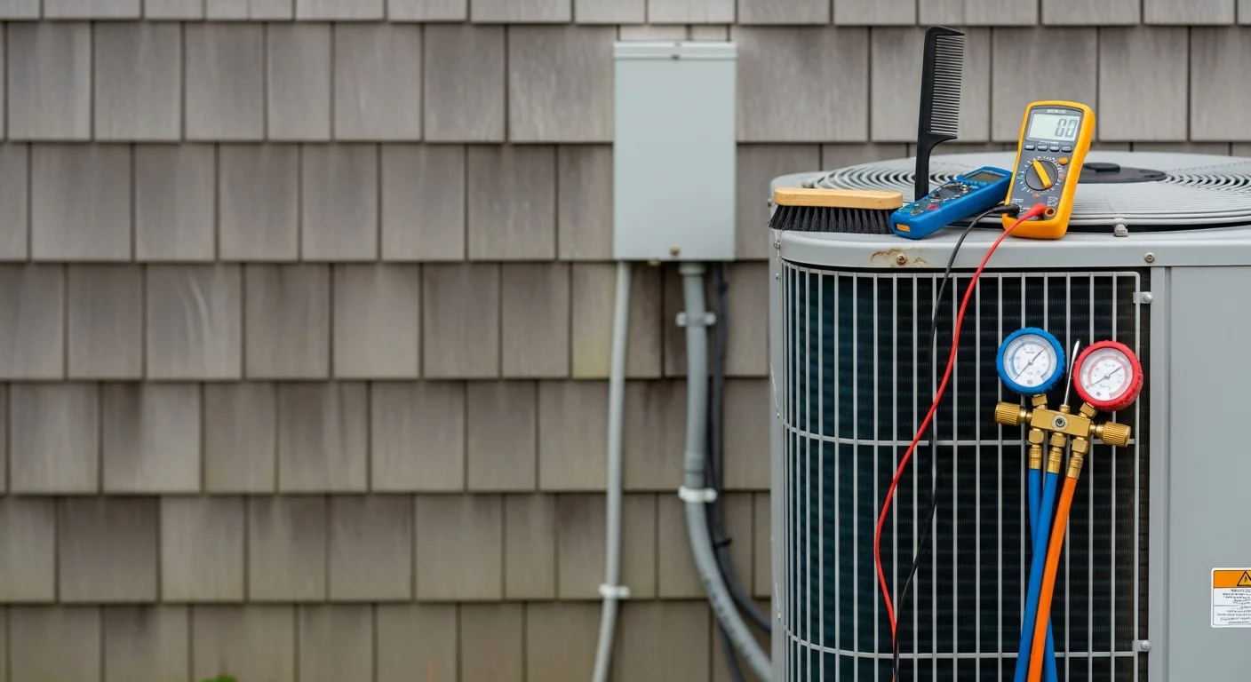 A heating contractor inspecting the outdoor unit of a heat pump at a Cape Cod home, checking coils and electrical connections. The unit shows light coastal weathering consistent with salt air exposure near the Massachusetts shoreline.