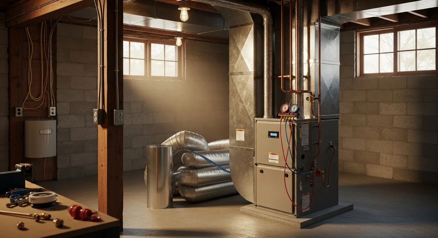 A newly installed heating system in the mechanical room of a Cape Cod home, with clean piping connections and a modern control panel. The setup reflects a complete residential heating installation suited for coastal New England conditions.