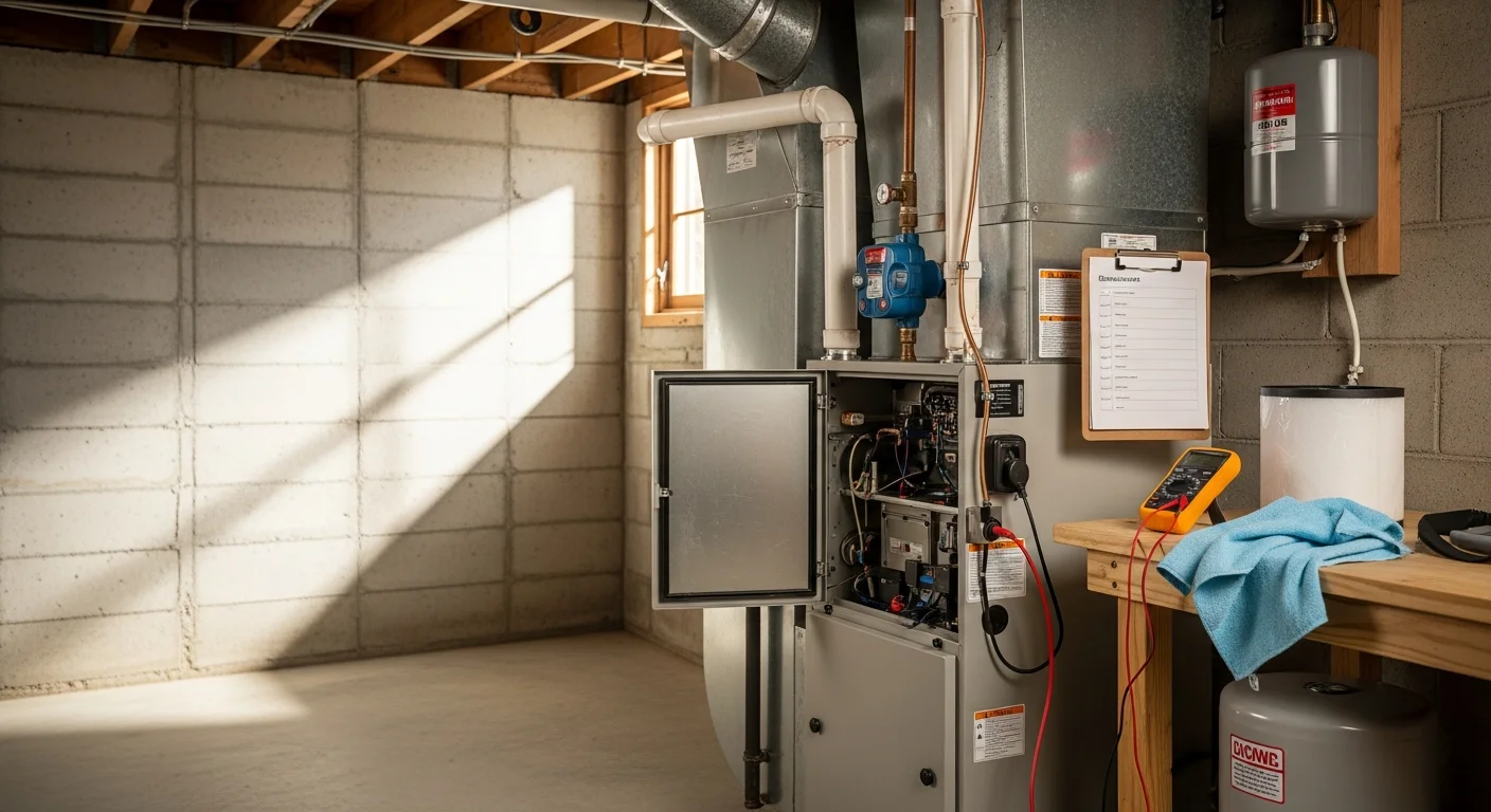A heating technician inspecting and cleaning a residential furnace inside a Cape Cod home. The system panel is open and the technician is checking internal components with a flashlight.