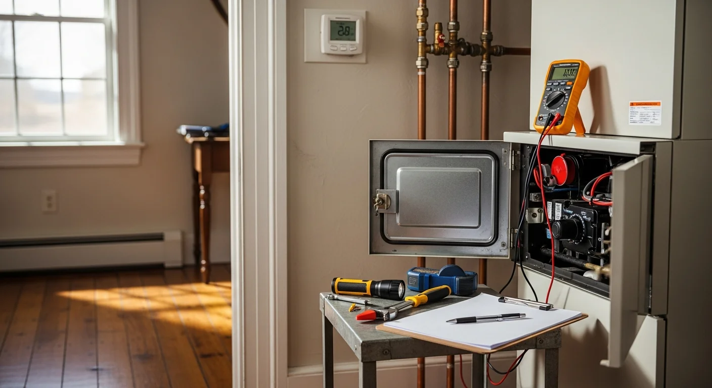 A heating contractor inspecting a furnace inside a Cape Cod home during winter, with service tools laid out on a drop cloth beside the unit. The technician checks internal components for signs of corrosion and wear common in coastal Massachusetts homes.