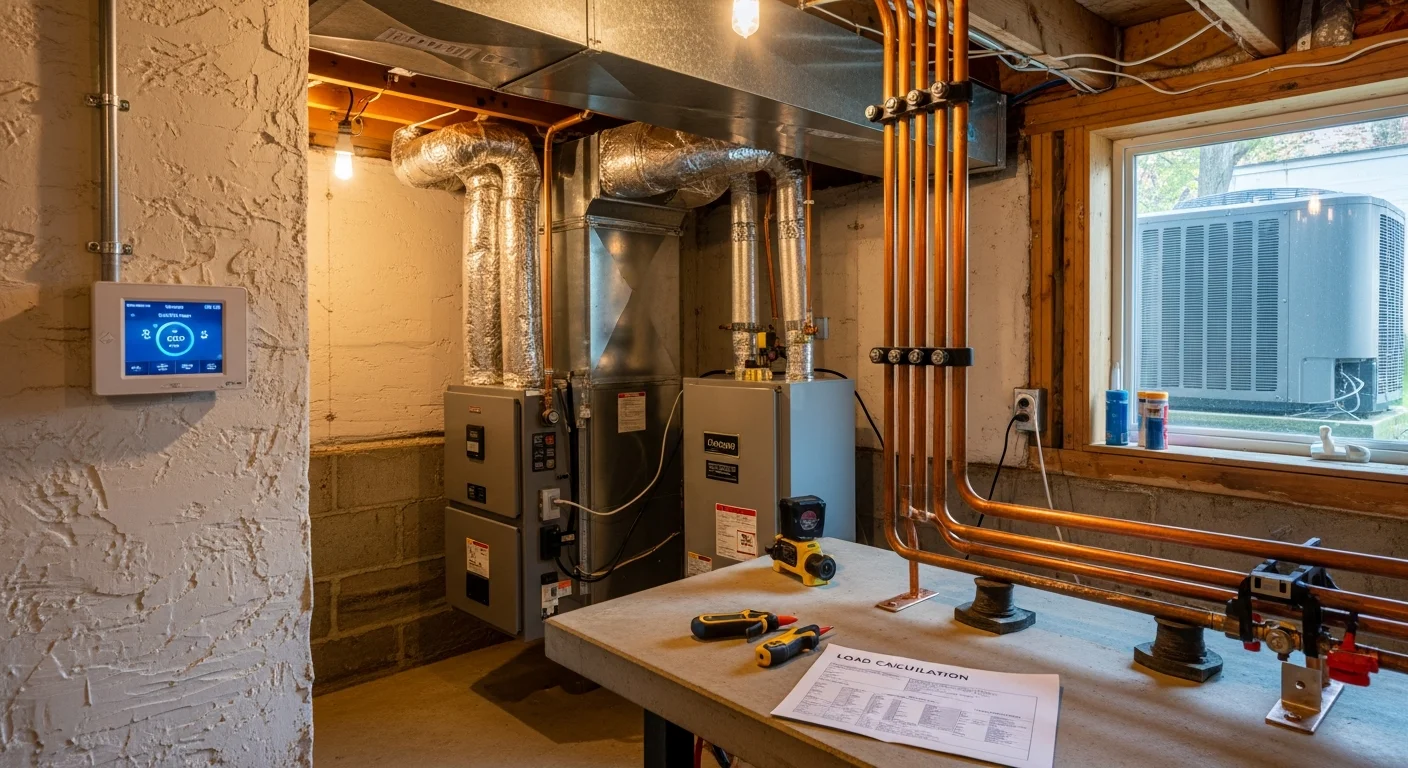 A newly installed high-efficiency heating system in the utility area of a Cape Cod home, with clean piping connections and updated venting visible. The old unit has been removed and the work area is clear.