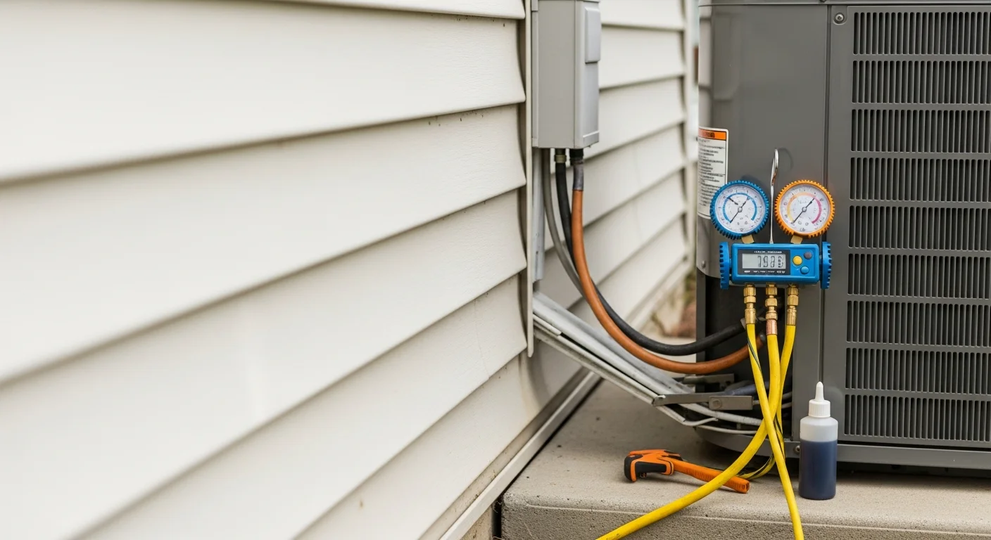 An A&L HVAC technician connecting pressure gauges to an outdoor AC unit at a Cape Cod home to check refrigerant levels. The coastal residential setting is visible in the background.
